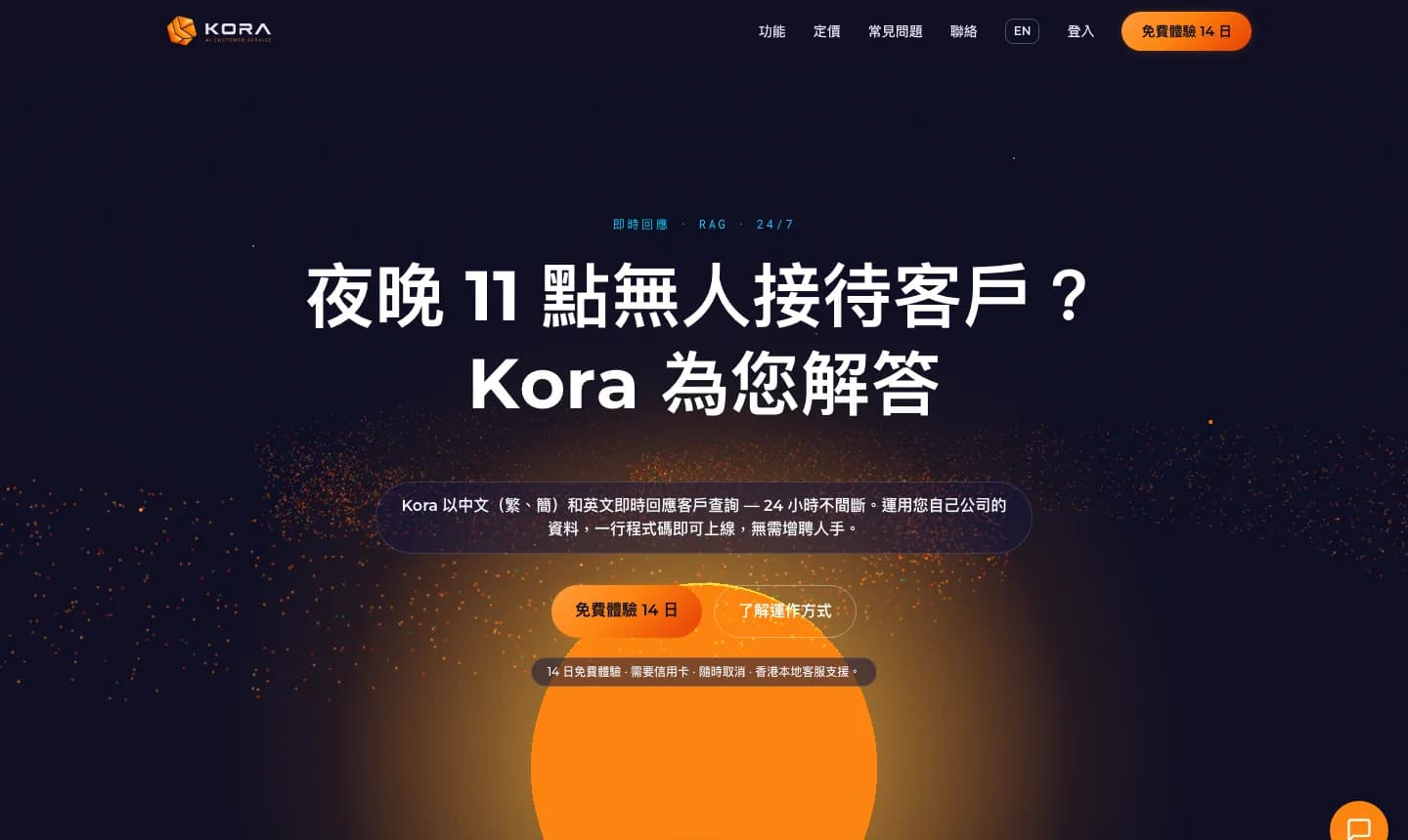 Kora 官方網站截圖，顯示「夜晚 11 點無人接待客戶？Kora 為您解答」主頁面及免費體驗按鈕